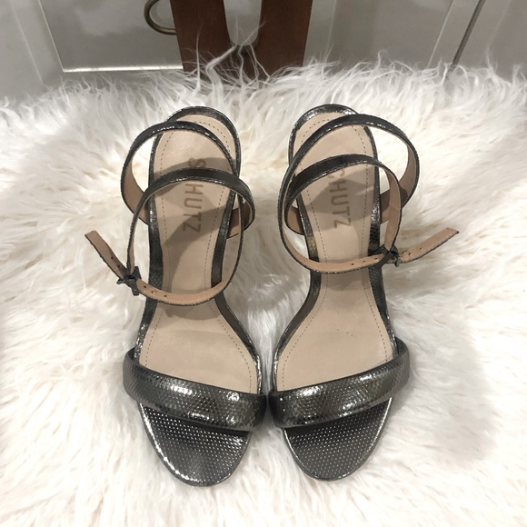 💥 SCHUTZ Metallic Silver Embossed Leather Heels Sz 36.5 - Picture 4 of 6